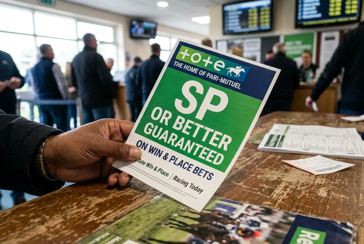 Punter at a Tote win pool betting window examining the SP-or-better guarantee notice