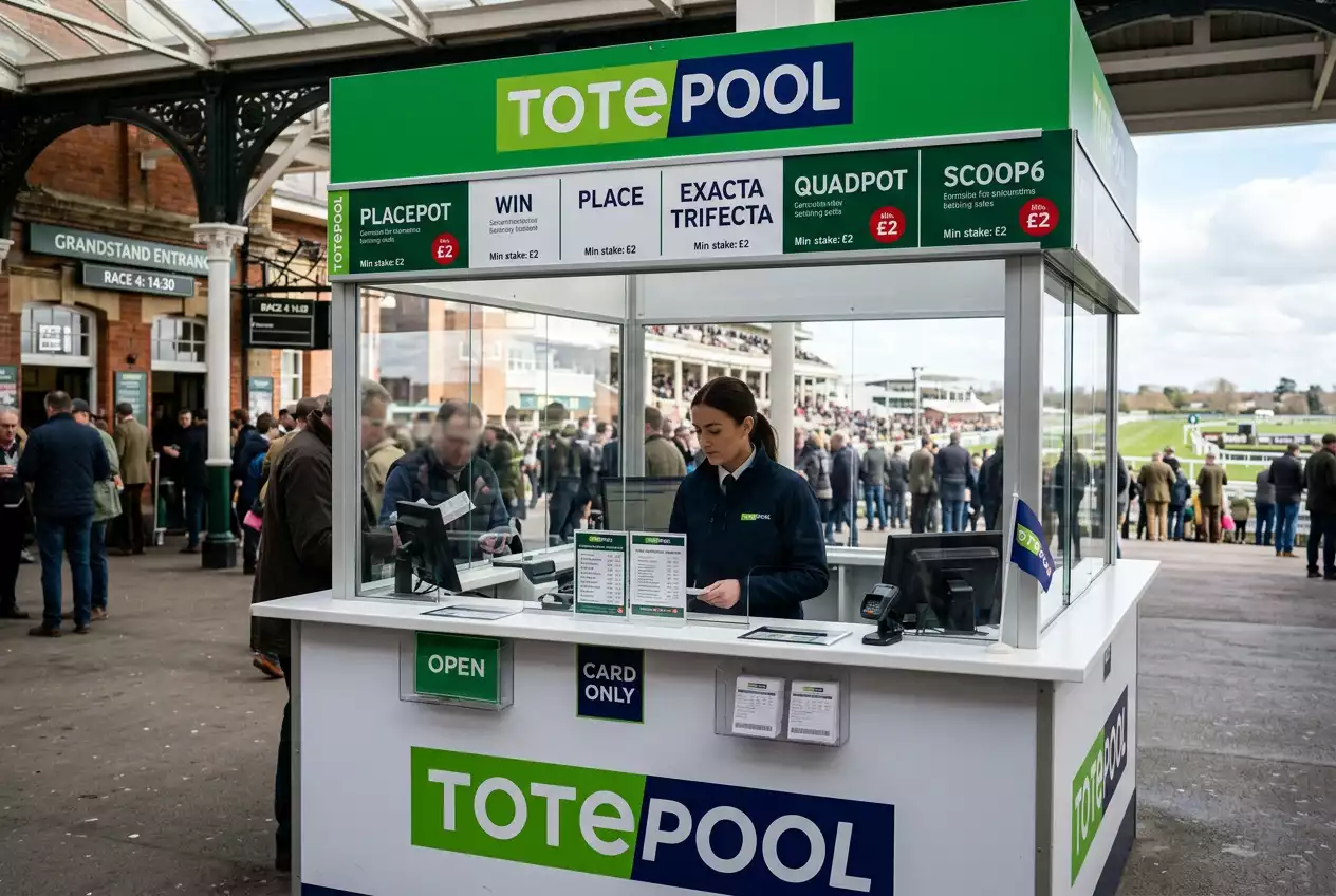 Tote betting window at a UK racecourse with pool betting products on display