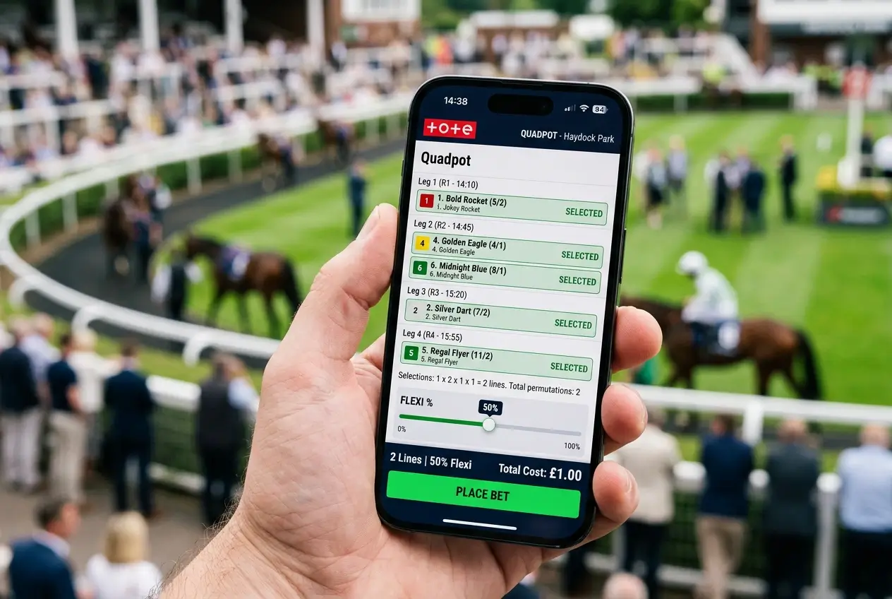 Tote digital platform screen showing Quadpot four-leg bet selection with flexi percentage option