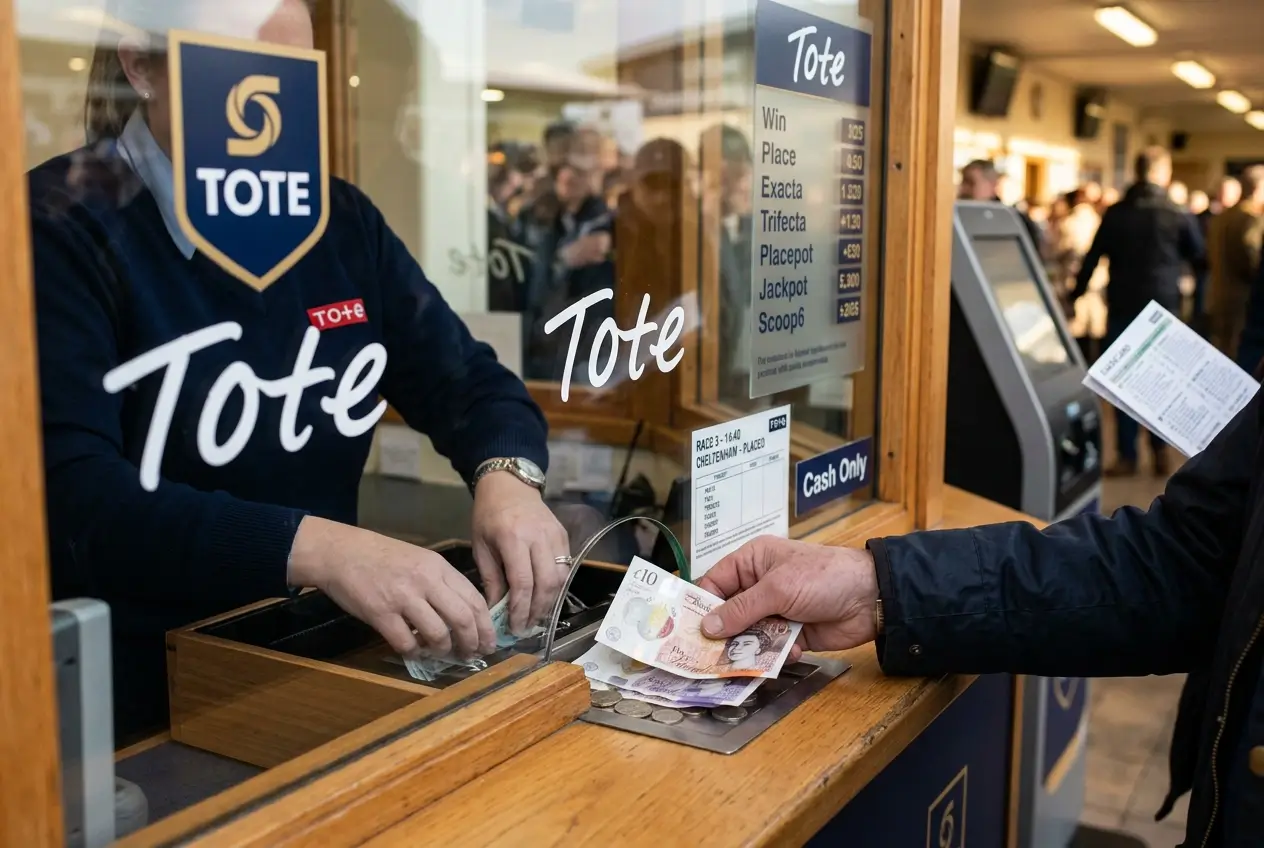 Punter handing cash to a Tote betting window staff member at a UK racecourse