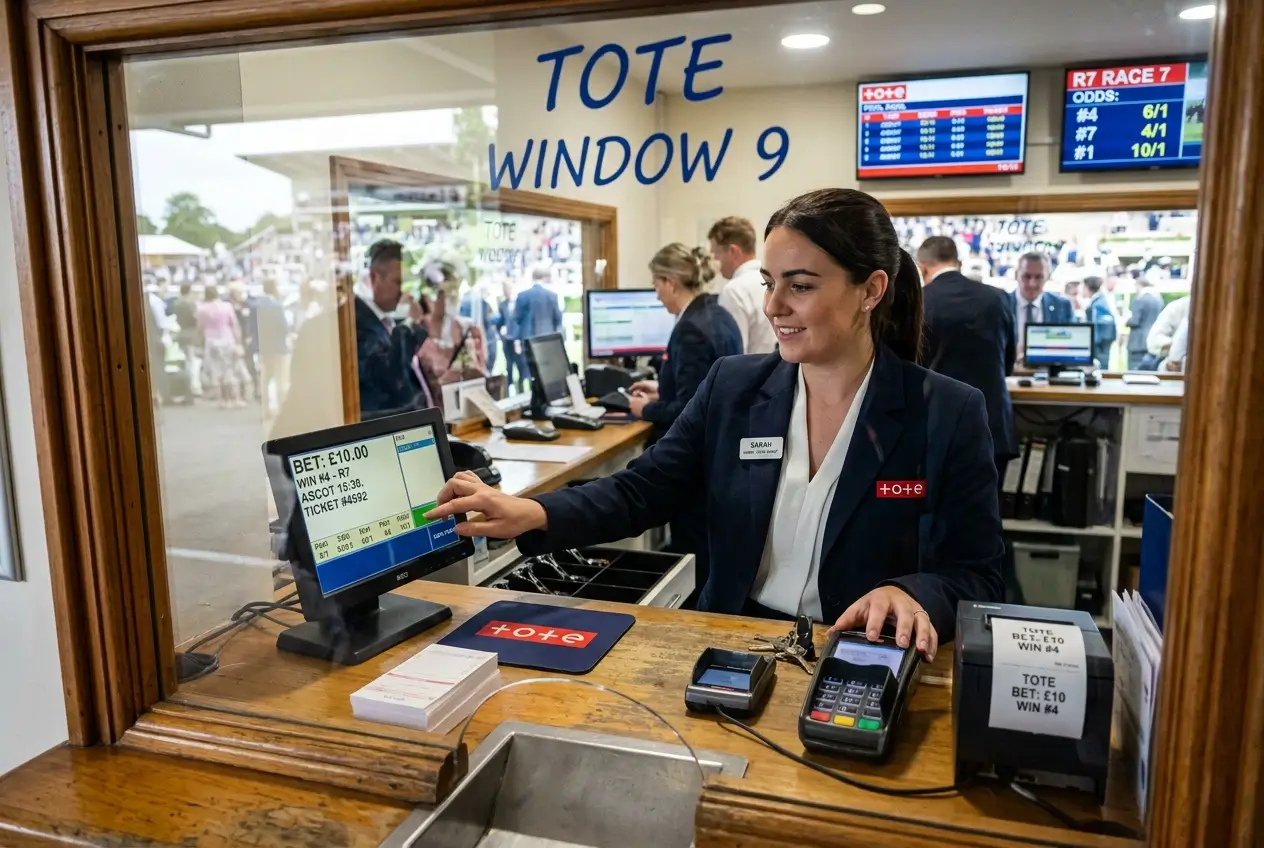 Tote betting window at a British racecourse with cashier accepting pool bets from punters