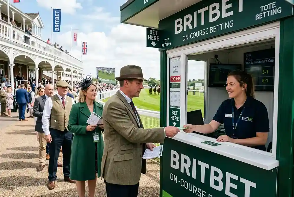 Punters queuing at an on-course Britbet Tote betting window at a British racecourse to place pool bets before the race