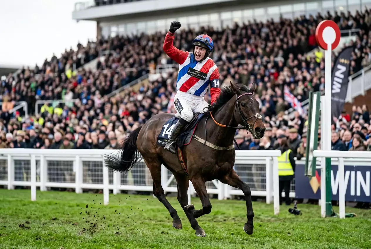 Jockey celebrating a winner at the Cheltenham Festival, one of the biggest events in the UK racing calendar