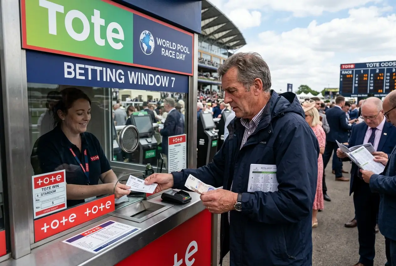UK punter placing Tote win bet on World Pool race day at racecourse