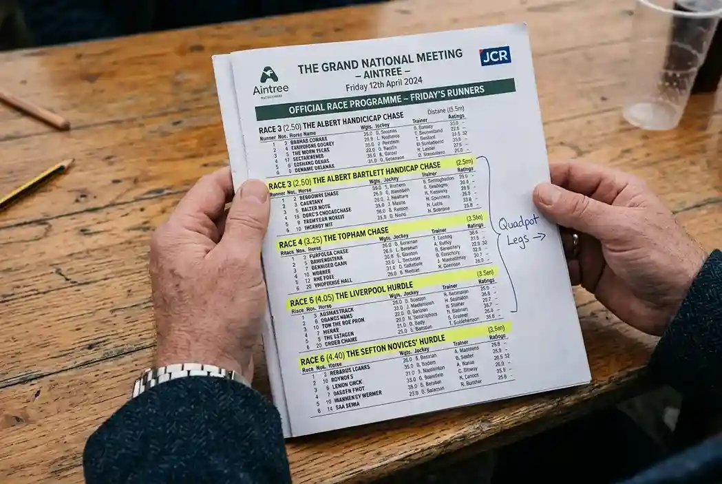 UK race day programme open on a table showing races 3 through 6 highlighted as Quadpot legs with off times listed