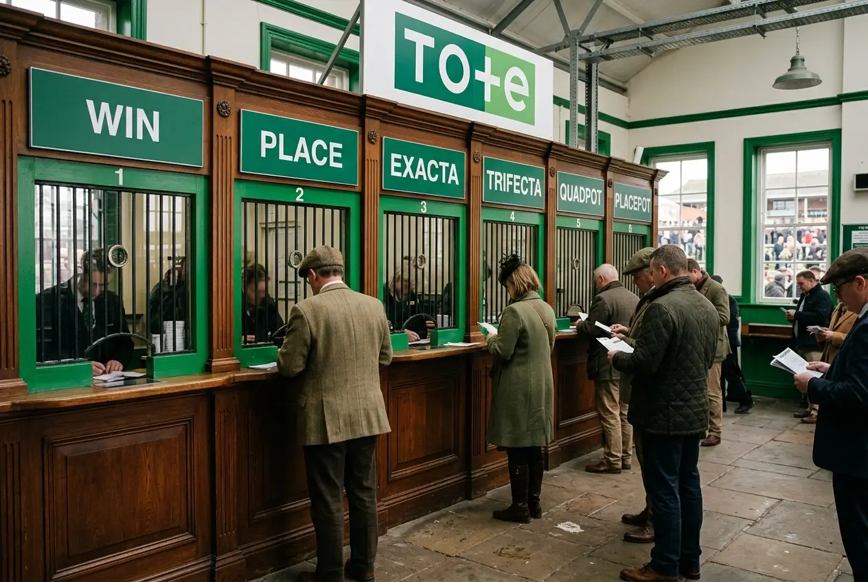 UK Tote pool product range displayed at a racecourse betting facility