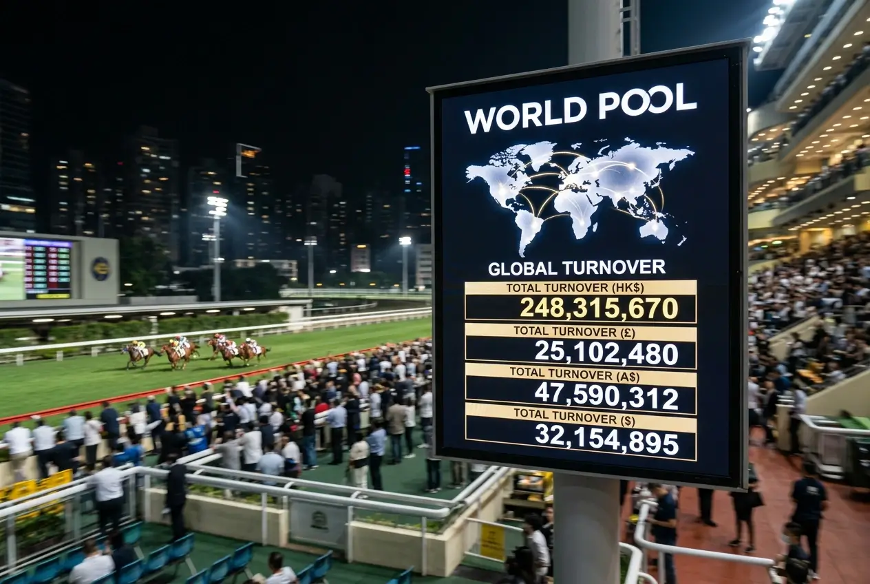 Large international pool betting display at a major racing venue showing World Pool total stakes figures from multiple countries