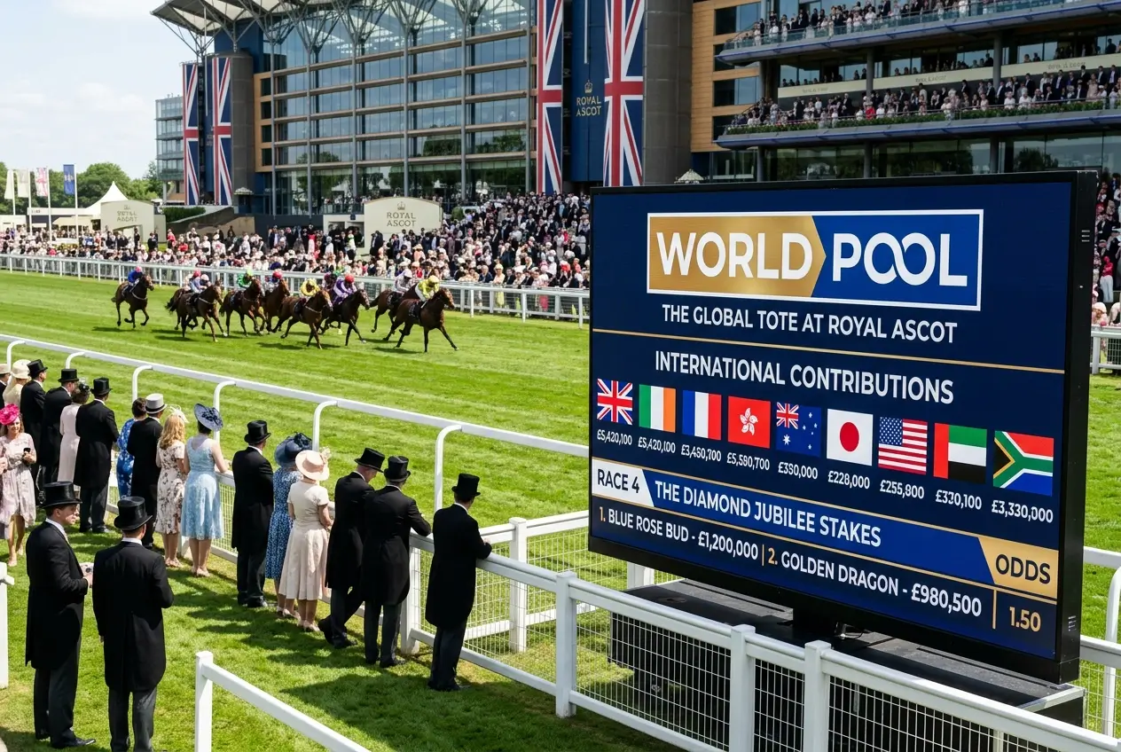 World Pool branding at Royal Ascot showing international jurisdiction flags and pool size display