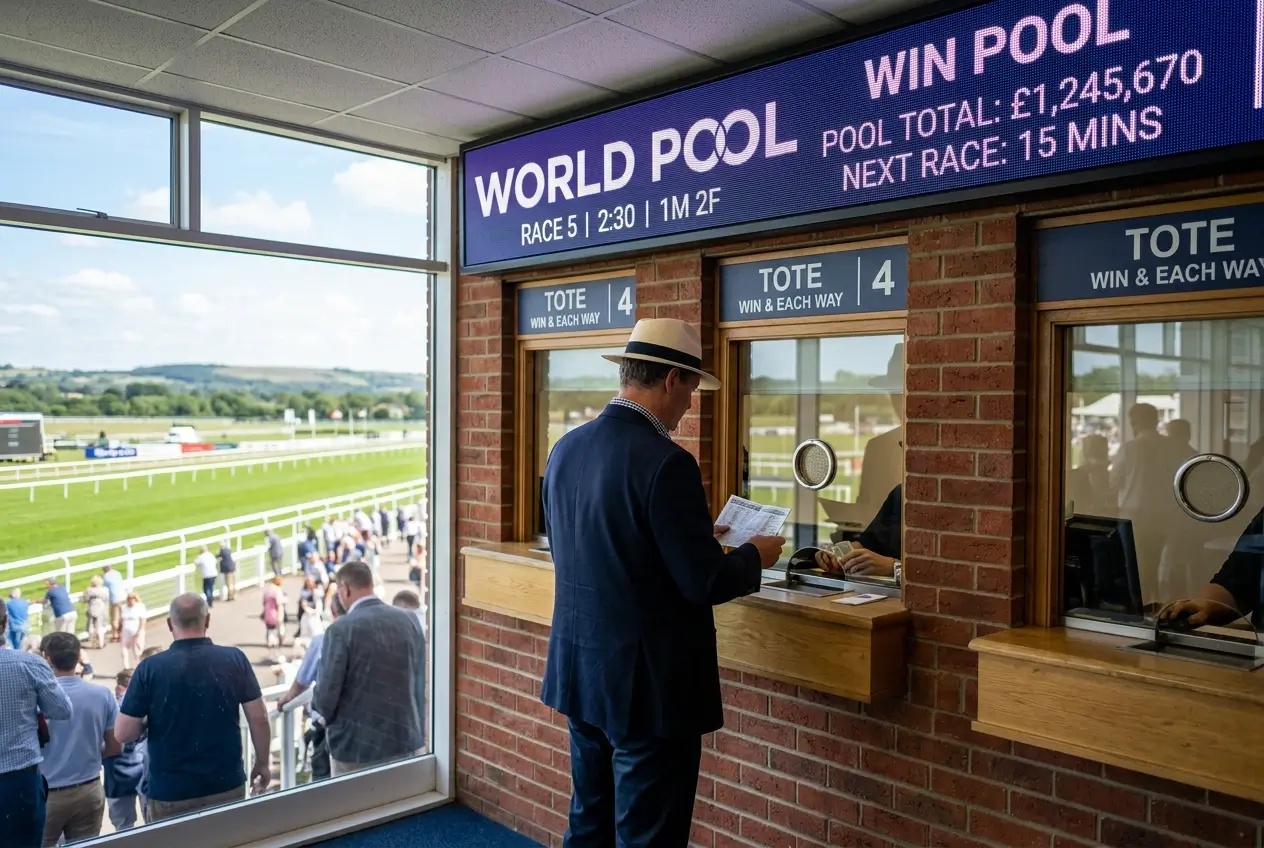 Punter placing a Tote win bet at Royal Ascot with the World Pool racing board visible in the background